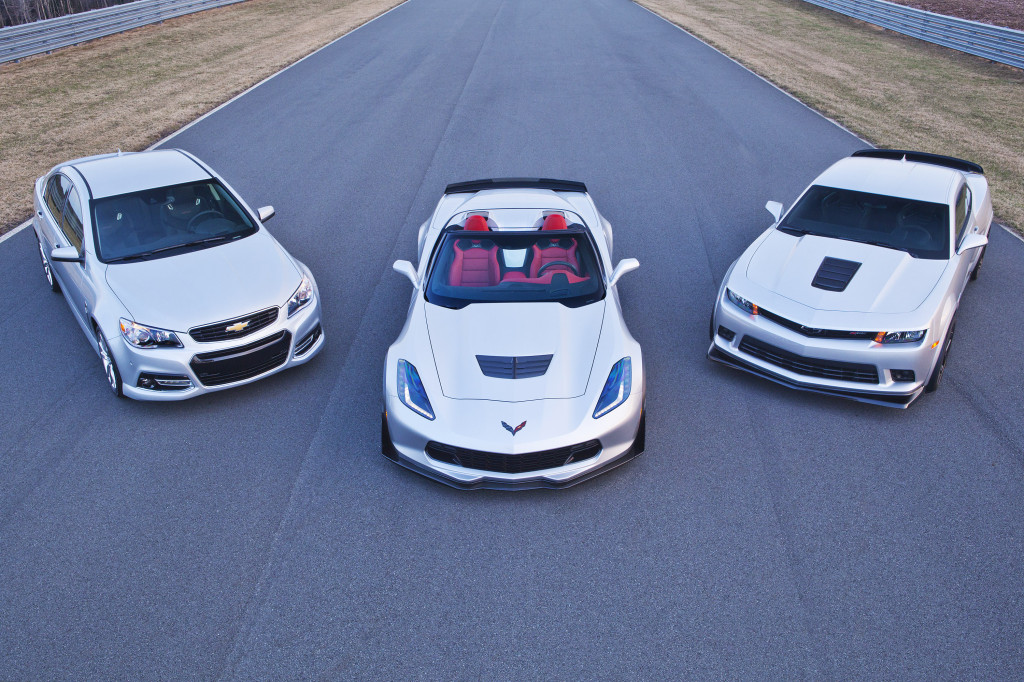 (L to R) The Chevrolet SS sedan, Corvette Z06, and Camaro Z/28